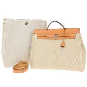 HERMES Her Bag MM 2 In 1 2Way Shoulder Hand Tote Bag Toile GM Leather
